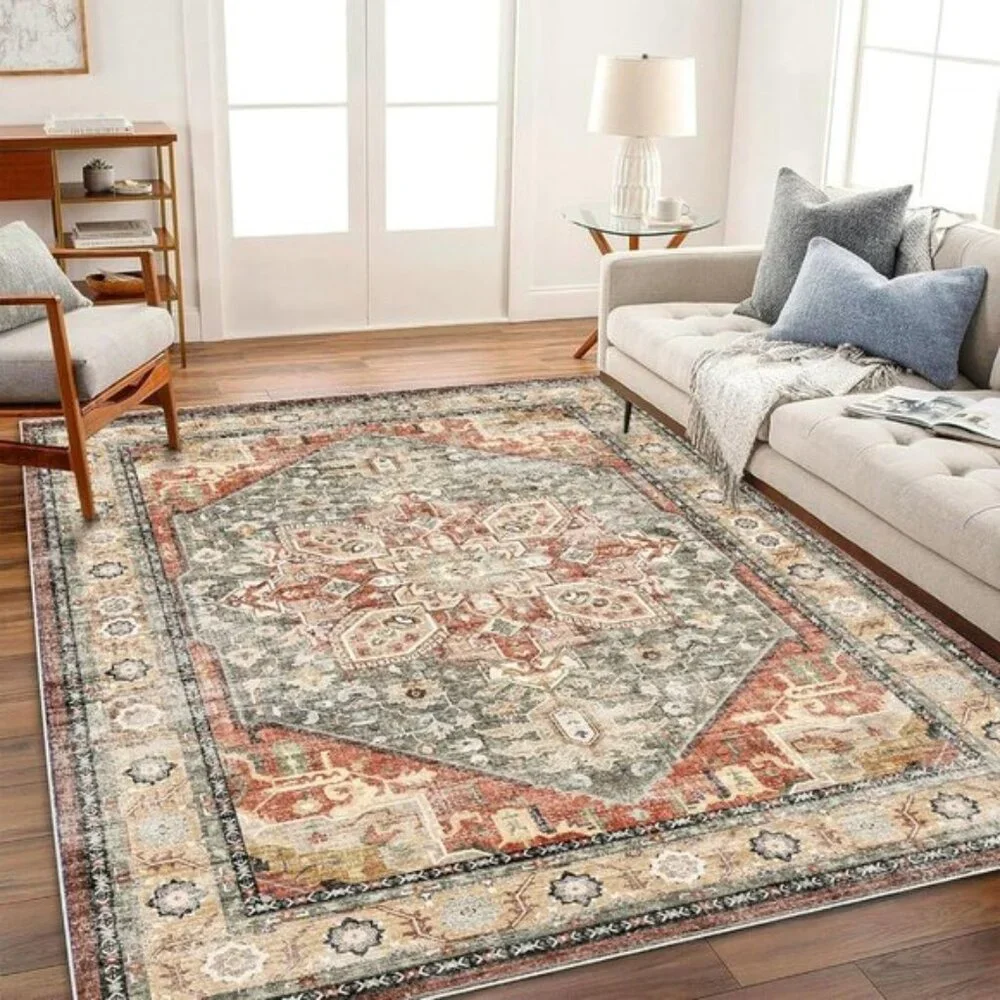New 6x9 Red Khaki Washable Vintage Rug Non-Slip Floral Carpet for Living Room